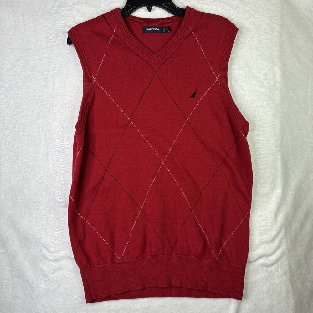 Nautica Sweater Vest Mens S Red Argyle V Neck Cotton Knit Preppy Golf